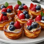 Golden French Toast Cups topped with powdered sugar and maple syrup