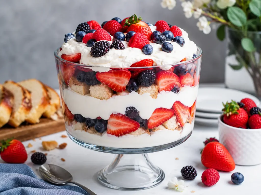 Fresh Berry Trifle layered with whipped cream, cake, and fresh berries in glass bowl