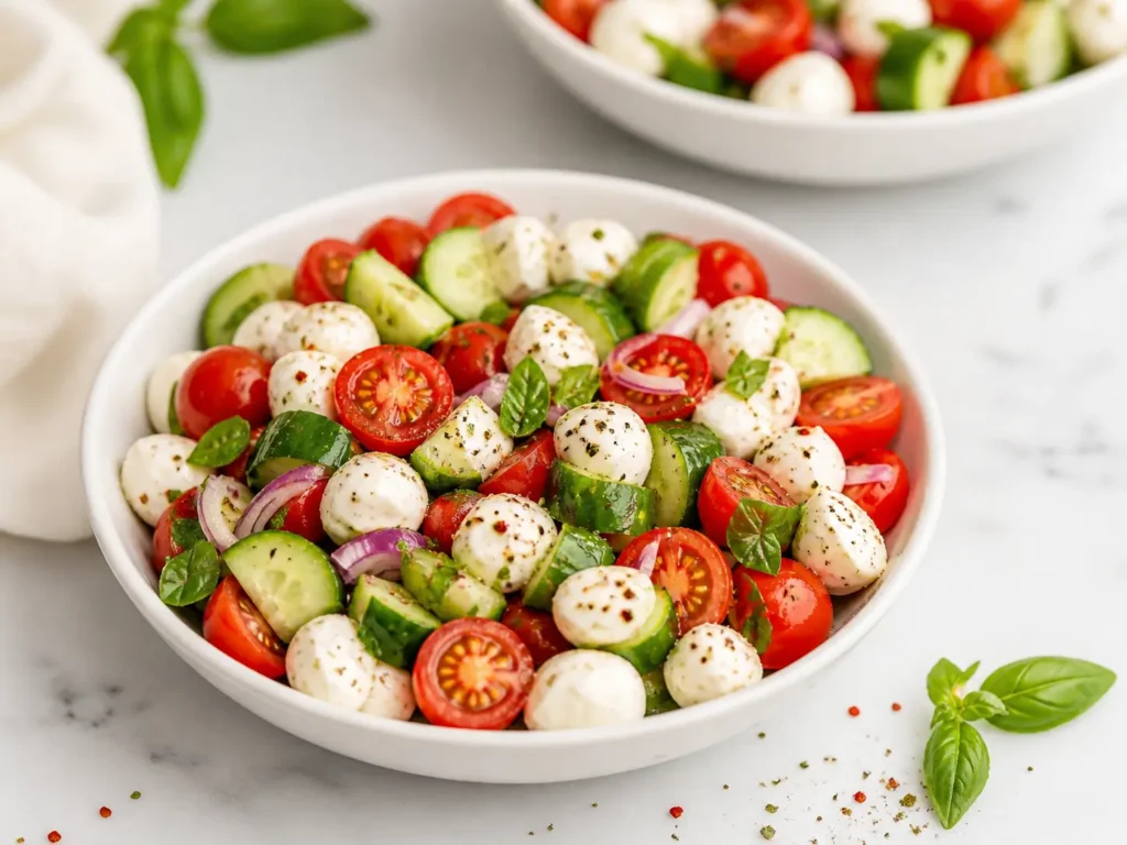 Fresh Cucumber Caprese Salad with tomatoes and mozzarella in a bowl