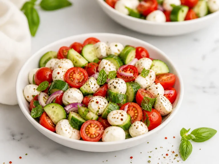 Fresh Cucumber Caprese Salad with tomatoes and mozzarella in a bowl