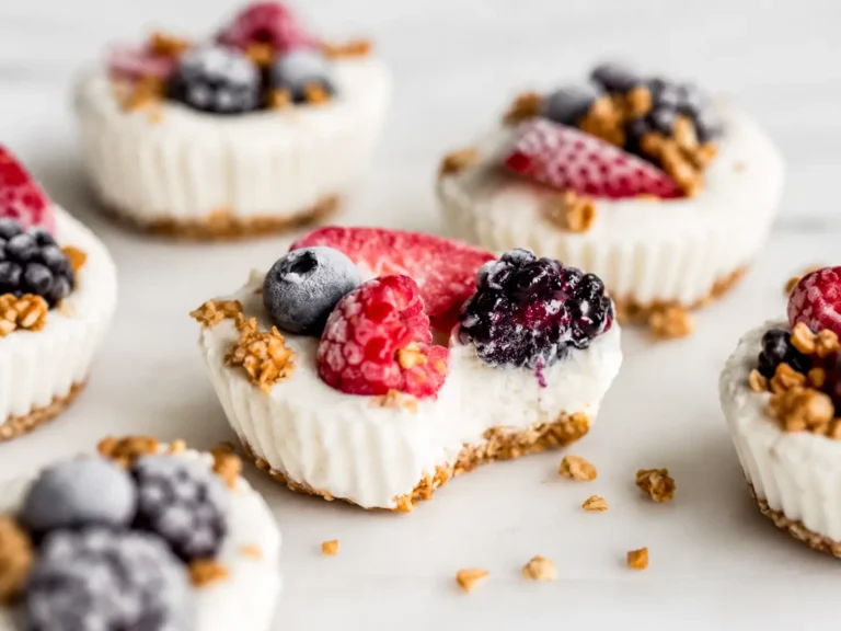 Frozen Yogurt Granola Cups topped with fresh berries in a muffin tray