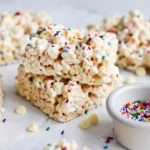 Funfetti Marshmallow Popcorn treats with rainbow sprinkles and white chocolate drizzle
