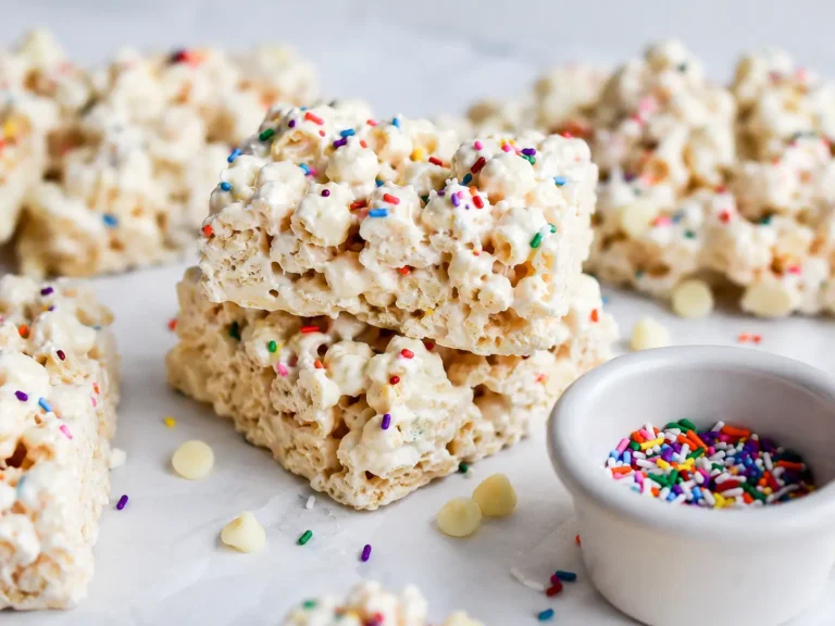 Funfetti Marshmallow Popcorn treats with rainbow sprinkles and white chocolate drizzle