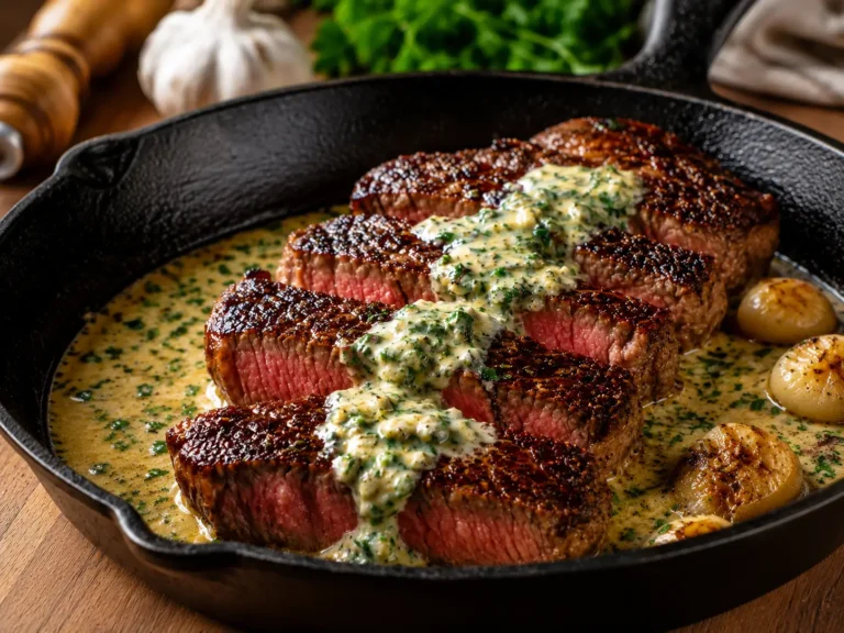 Garlic Butter Steak served with creamy Parmesan sauce in a skillet