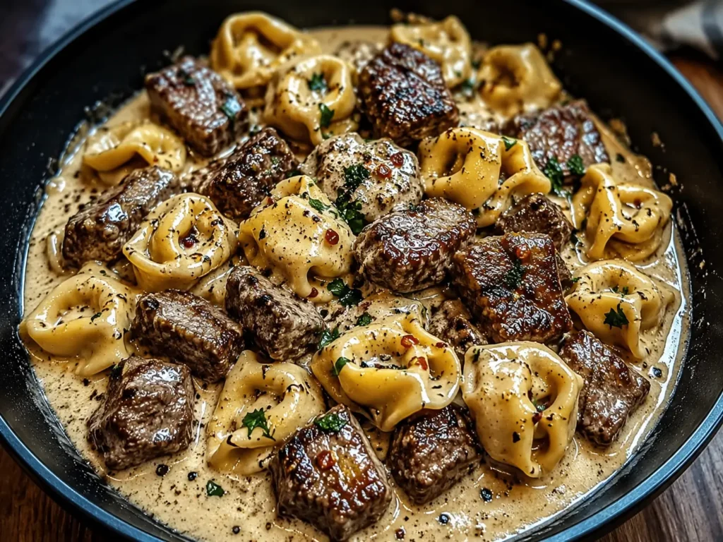 Garlic Steak Tortellini served in a creamy garlic parmesan sauce with tender steak bites