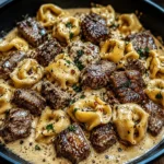 Garlic Steak Tortellini served in a creamy garlic parmesan sauce with tender steak bites