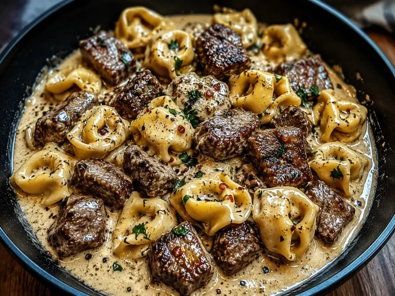 Garlic Steak Tortellini served in a creamy garlic parmesan sauce with tender steak bites