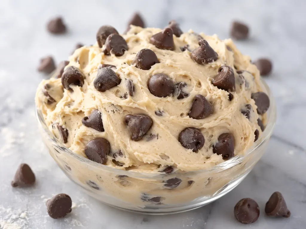 Creamy Greek Yogurt Cookie Dough topped with chocolate chips in a bowl