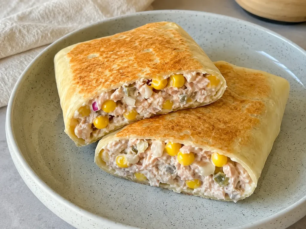 Healthy Tuna Melt Wrap with melted cheese and crispy tortilla
