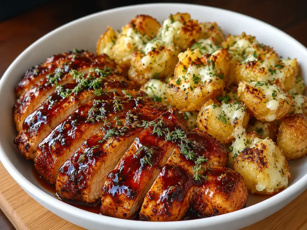 Honey BBQ Chicken Potatoes served hot with melted cheddar and green onions