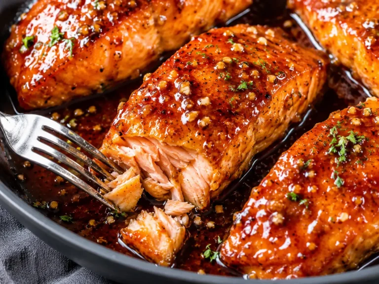 Honey Garlic Salmon served with glossy glaze and fresh lemon