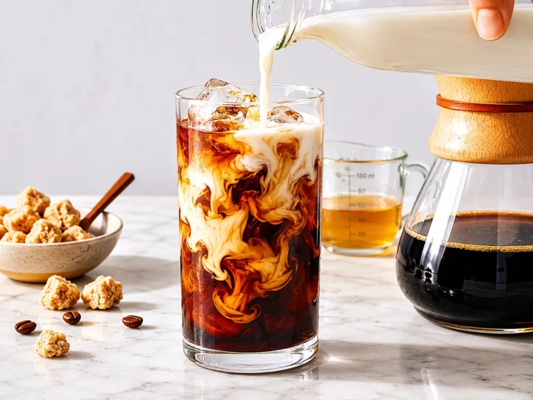 Glass of iced coffee with ice cubes and creamy swirl in a kitchen setting