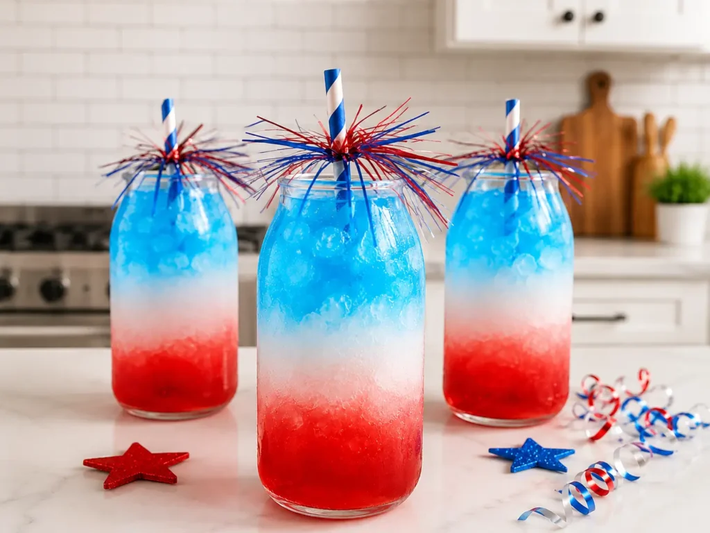 July 4th Layered Drinks Recipe served in clear glasses with red white and blue layers