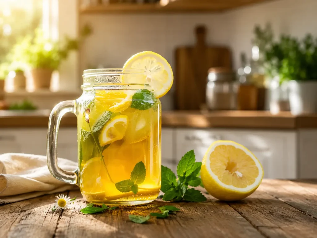 Fresh Lemon Balm tea served warm with lemon and ginger