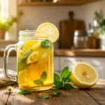 Fresh Lemon Balm tea served warm with lemon and ginger