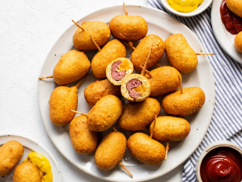 Crispy homemade mini corndogs served hot with dipping sauces