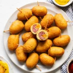 Crispy homemade mini corndogs served hot with dipping sauces