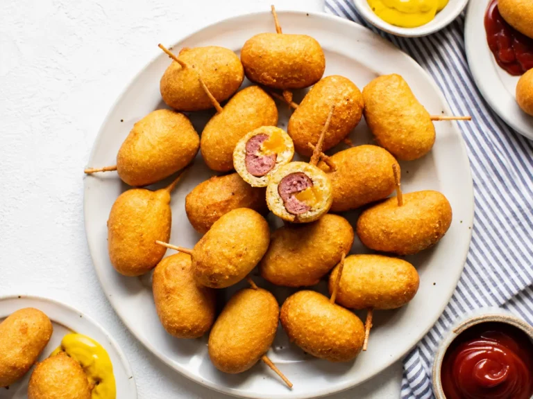Crispy homemade mini corndogs served hot with dipping sauces