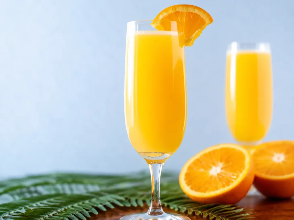 Fresh sparkling Mock Mimosa served in a champagne flute at brunch
