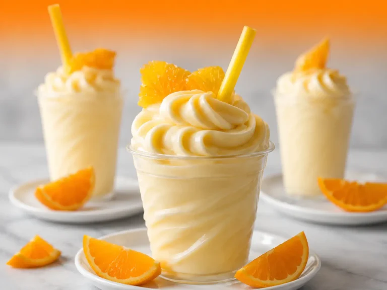 Creamy homemade Orange Dole Whip served in a chilled dessert glass