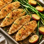 Parmesan Crusted Chicken served with roasted potatoes and green beans on a sheet pan