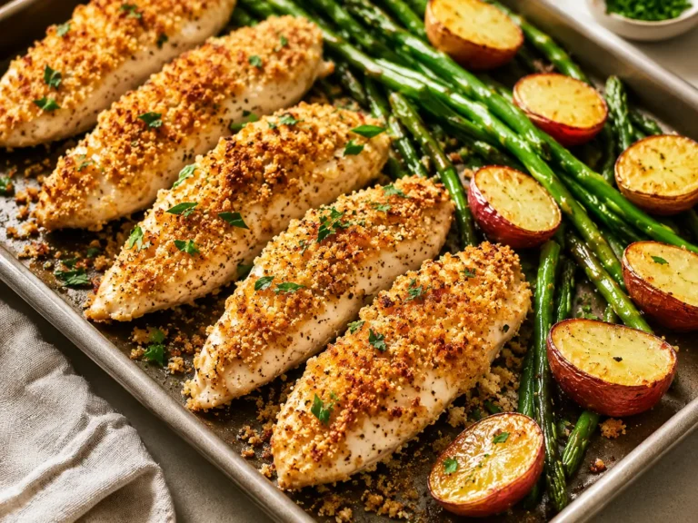 Parmesan Crusted Chicken served with roasted potatoes and green beans on a sheet pan