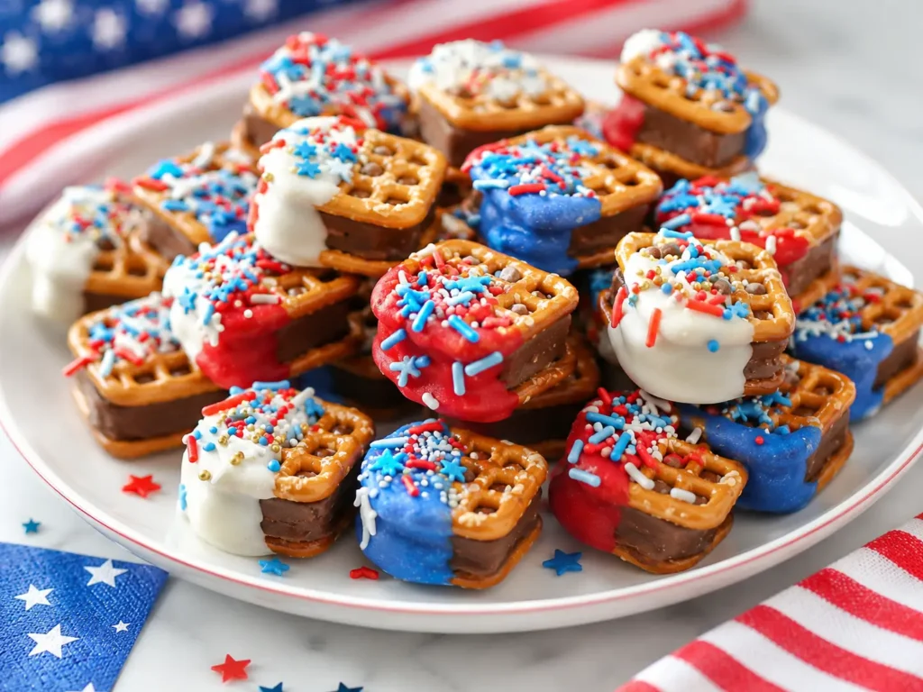 Patriotic Candy Bar Pretzel Bites coated in white chocolate and festive sprinkles