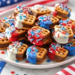 Patriotic Candy Bar Pretzel Bites coated in white chocolate and festive sprinkles