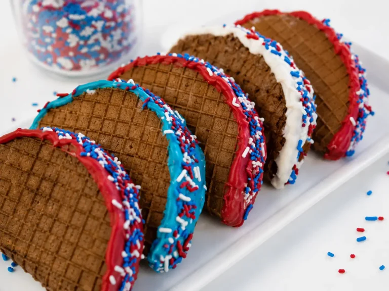 Patriotic Chocolate Tacos filled with ice cream and festive sprinkles