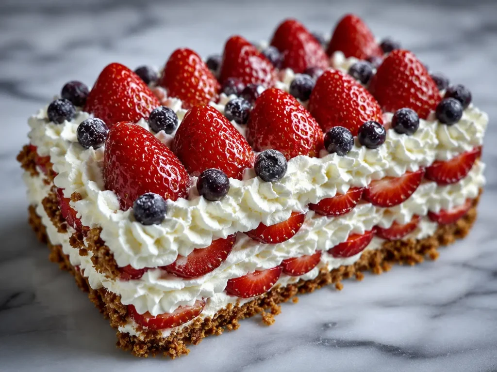 Patriotic Flag Icebox Cake topped with strawberries, blueberries, and whipped cream
