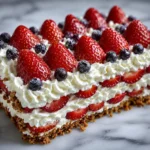 Patriotic Flag Icebox Cake topped with strawberries, blueberries, and whipped cream