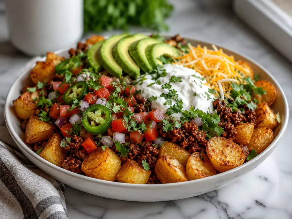 Crispy Potato Taco Bowl with taco meat, avocado, cheese, and salsa