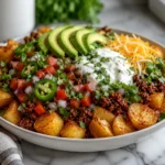 Crispy Potato Taco Bowl with taco meat, avocado, cheese, and salsa