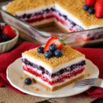 Red White & Blue Mixed Berry layered dessert with fresh strawberries and blueberries