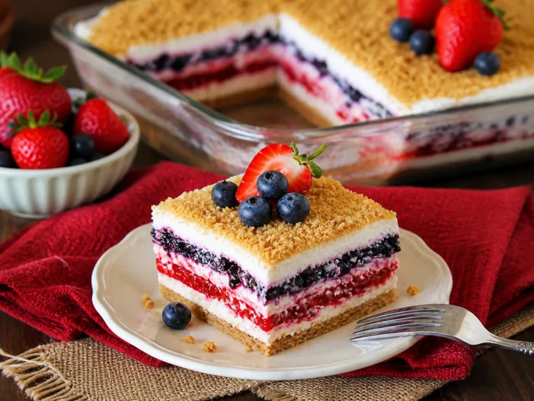 Red White & Blue Mixed Berry layered dessert with fresh strawberries and blueberries