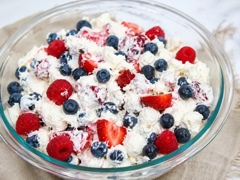 Red White and Blue Cheesecake Salad with fresh berries and creamy cheesecake dressing