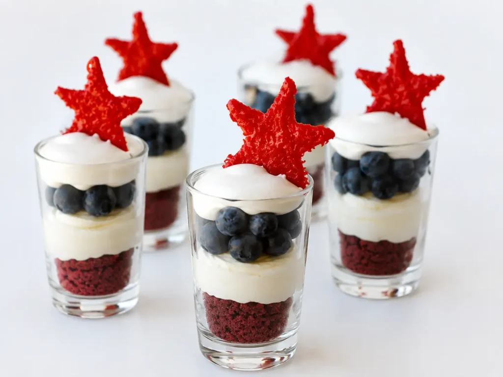 Red, White and Blue No-Bake Cheesecake parfaits with blueberries and whipped cream