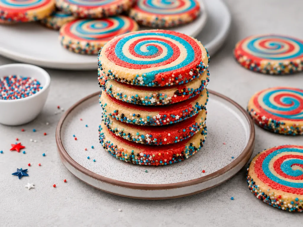 Freshly baked Red, White, and Blue Pinwheel Cookies on a festive dessert platter