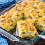 Sausage, Egg & Cream Cheese breakfast casserole baked with cheddar and hash browns