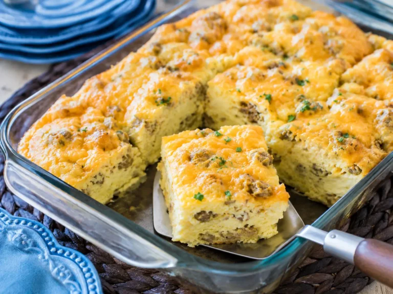Sausage, Egg & Cream Cheese breakfast casserole baked with cheddar and hash browns