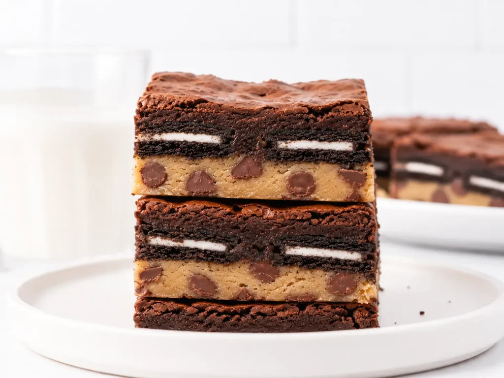 Thick homemade Slutty Brownies with Oreo and cookie dough layers