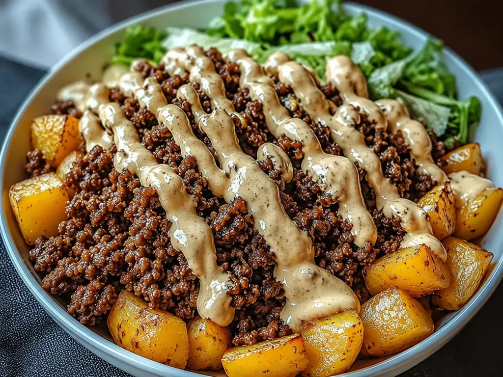 Smash Burger Bowl with crispy potatoes, seasoned beef, cheese, pickles, and creamy burger sauce