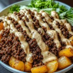 Smash Burger Bowl with crispy potatoes, seasoned beef, cheese, pickles, and creamy burger sauce