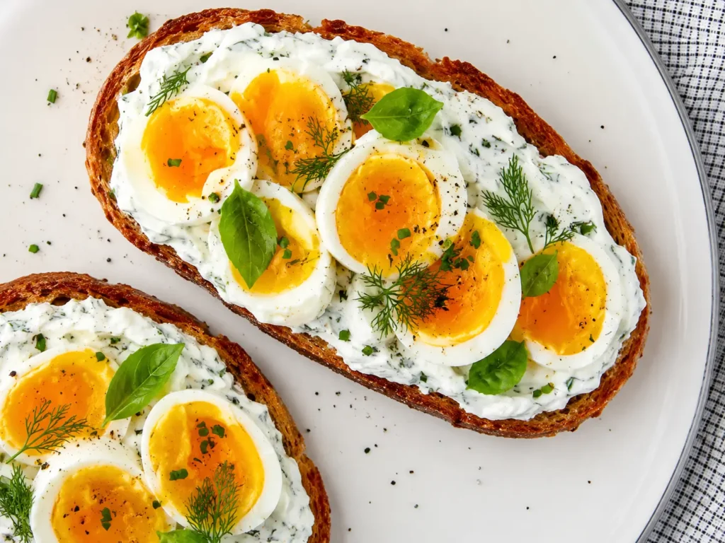 Smashed Egg Toast topped with herby lemon yogurt and soft eggs