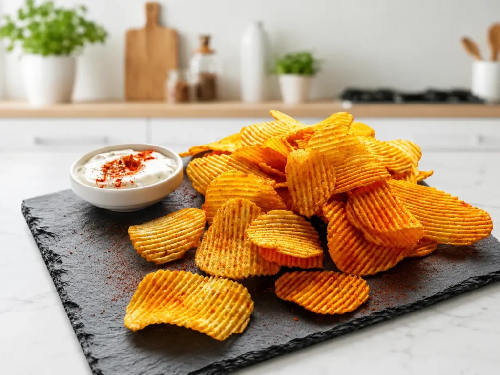 Crispy homemade Smoked Paprika Potato Chips on a serving plate