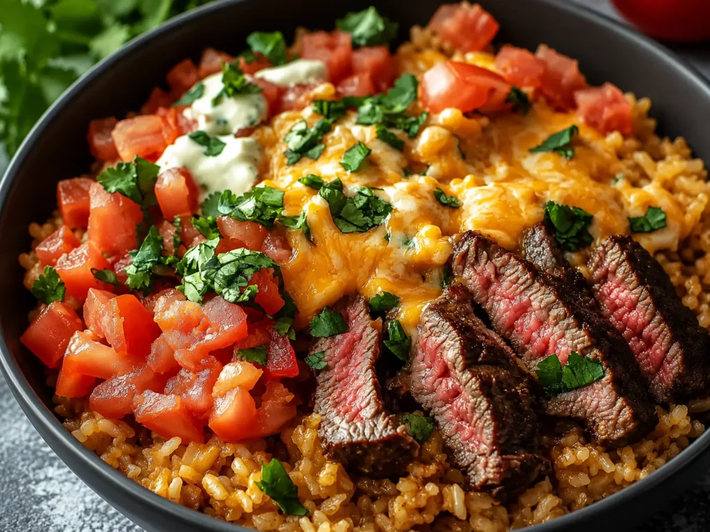 Creamy Steak Queso Rice served in a skillet with tender sliced steak