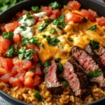 Creamy Steak Queso Rice served in a skillet with tender sliced steak