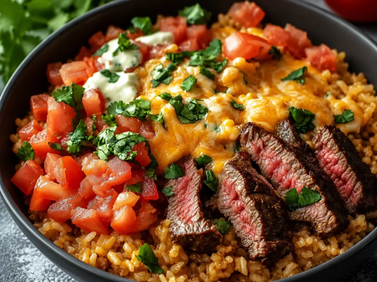 Creamy Steak Queso Rice served in a skillet with tender sliced steak