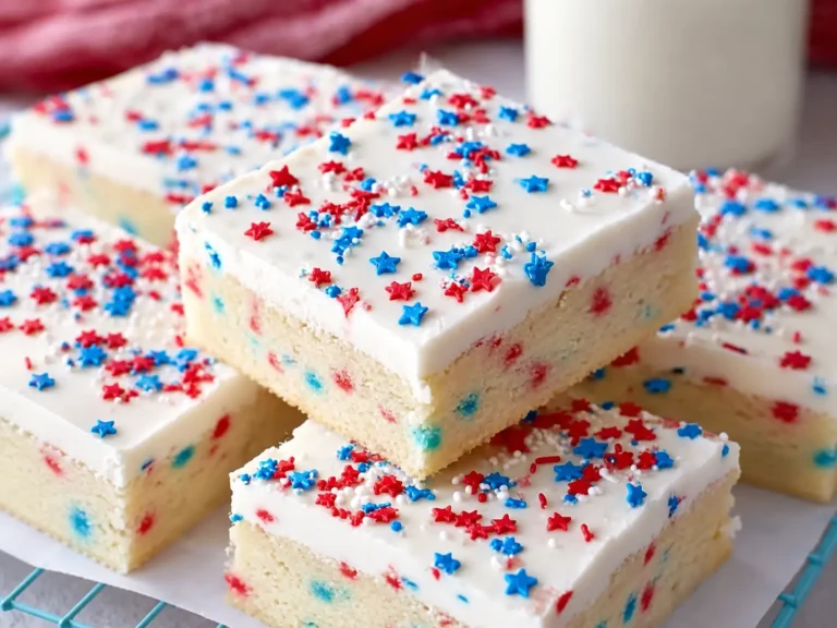 Soft frosted Sugar Cookie Bars with patriotic sprinkles on a dessert tray