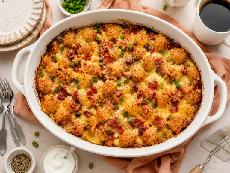 Tater Tot Breakfast casserole with eggs, bacon, sausage, and melted cheese